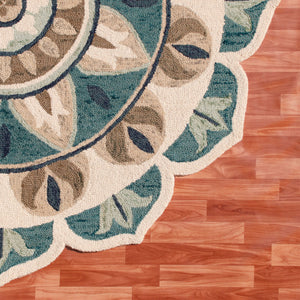 Homeroots 6' X 6' Blue Round Wool Floral Hand Tufted Area Rug Ivory Wool 533606