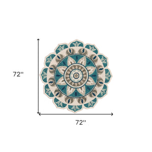 Homeroots 6' X 6' Blue Round Wool Floral Hand Tufted Area Rug Ivory Wool 533606