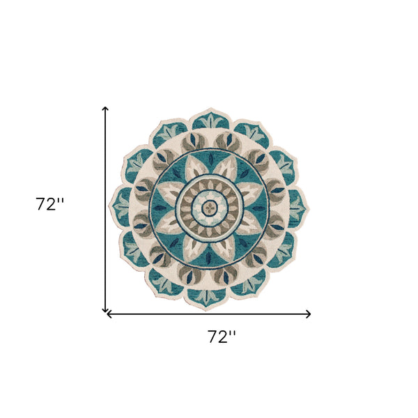 Homeroots 6' X 6' Blue Round Wool Floral Hand Tufted Area Rug Ivory Wool 533606