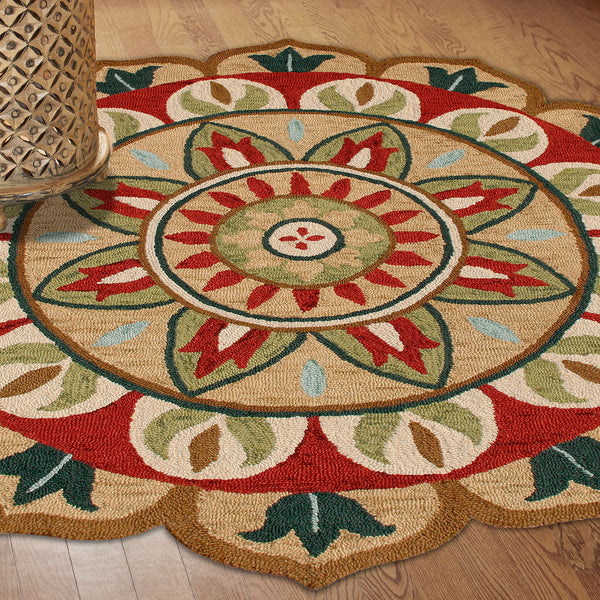 Homeroots 4' Red Round Wool Floral Hand Tufted Area Rug Red Wool 533607