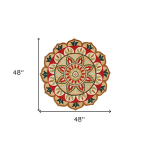 Homeroots 4' Red Round Wool Floral Hand Tufted Area Rug Red Wool 533607