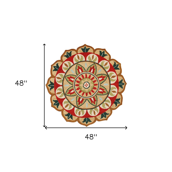 Homeroots 4' Red Round Wool Floral Hand Tufted Area Rug Red Wool 533607