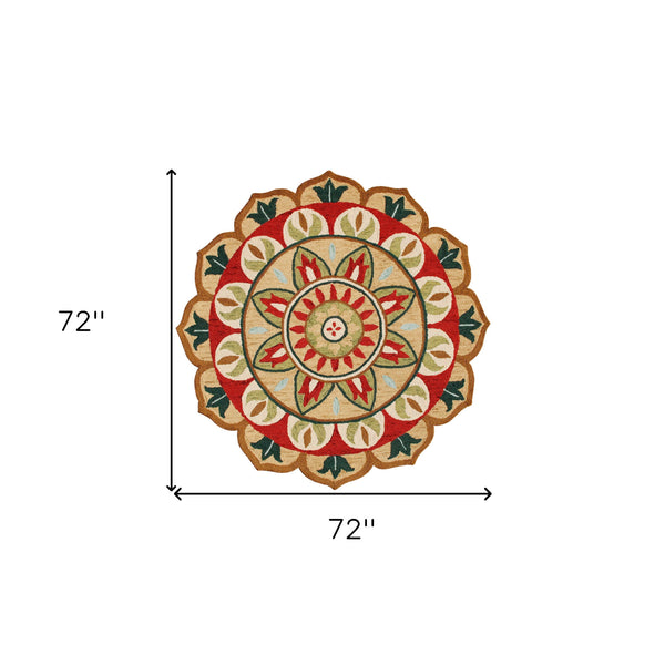 Homeroots 6' X 6' Red Round Wool Floral Hand Tufted Area Rug Red Wool 533608