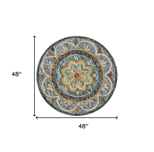 HomeRoots 4' Blue Wool Floral Hand-Tufted Area Rug - Timeless Charm and Comfort for Your Home Décor 4' Round 533609
