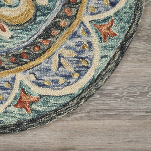 HomeRoots 4' Blue Wool Floral Hand-Tufted Area Rug - Timeless Charm and Comfort for Your Home Décor 6' Round 533610