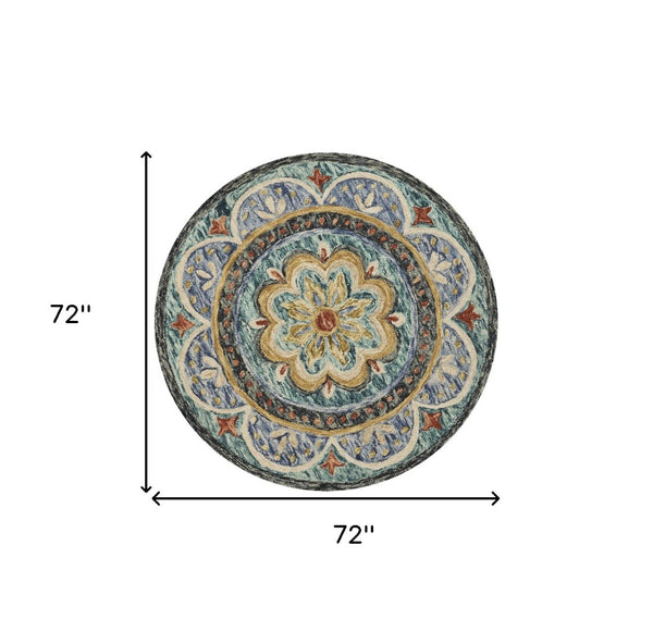 HomeRoots 4' Blue Wool Floral Hand-Tufted Area Rug - Timeless Charm and Comfort for Your Home Décor 6' Round 533610