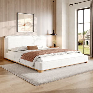 English Elm California King Boucle Upholstered Bed Curved Sculptural Headboard Rubberwood Base N757C399195W