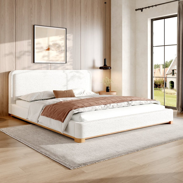 English Elm California King Boucle Upholstered Bed Curved Sculptural Headboard Rubberwood Base N757C399195W