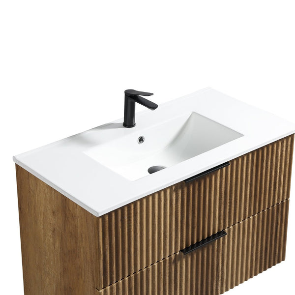 English Elm 36 Inch Floating Bathroom Vanity Fluted Wood Grain Panel with Ceramic Integrated Sink W3520S00045