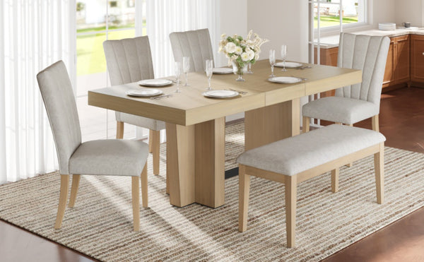 English Elm Topmax Farmhouse Extendable Rubberwood Dining Set Seats Six with Bench and Linen Chairs Natural+Beige N717S000089A