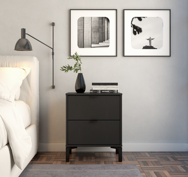 Homeroots 24" Black Two Drawer Faux Wood Nightstand   533815