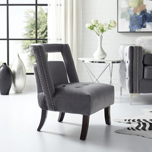 Homeroots 26" Gray And Black Velvet Tufted Side Chair – Stylish, Durable Seating With Nailhead Trim For Any Room   533839