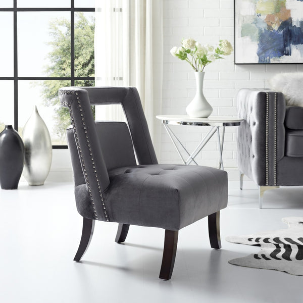 Homeroots 26" Gray And Black Velvet Tufted Side Chair – Stylish, Durable Seating With Nailhead Trim For Any Room   533839