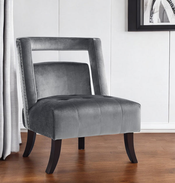Homeroots 26" Gray And Black Velvet Tufted Side Chair – Stylish, Durable Seating With Nailhead Trim For Any Room   533839
