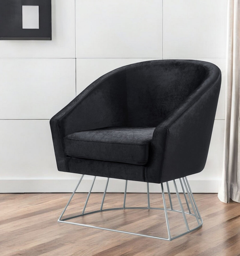 Homeroots 29" Black Velvet Barrel Chair With Silver Accents - Stylish Comfort For Modern Living Spaces   533849