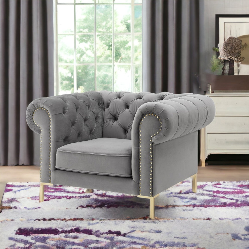 HomeRoots 39" Elegant Velvet Chesterfield Chair with Gold Nailhead Trim - Classic Comfort for Any Space Grey 533854