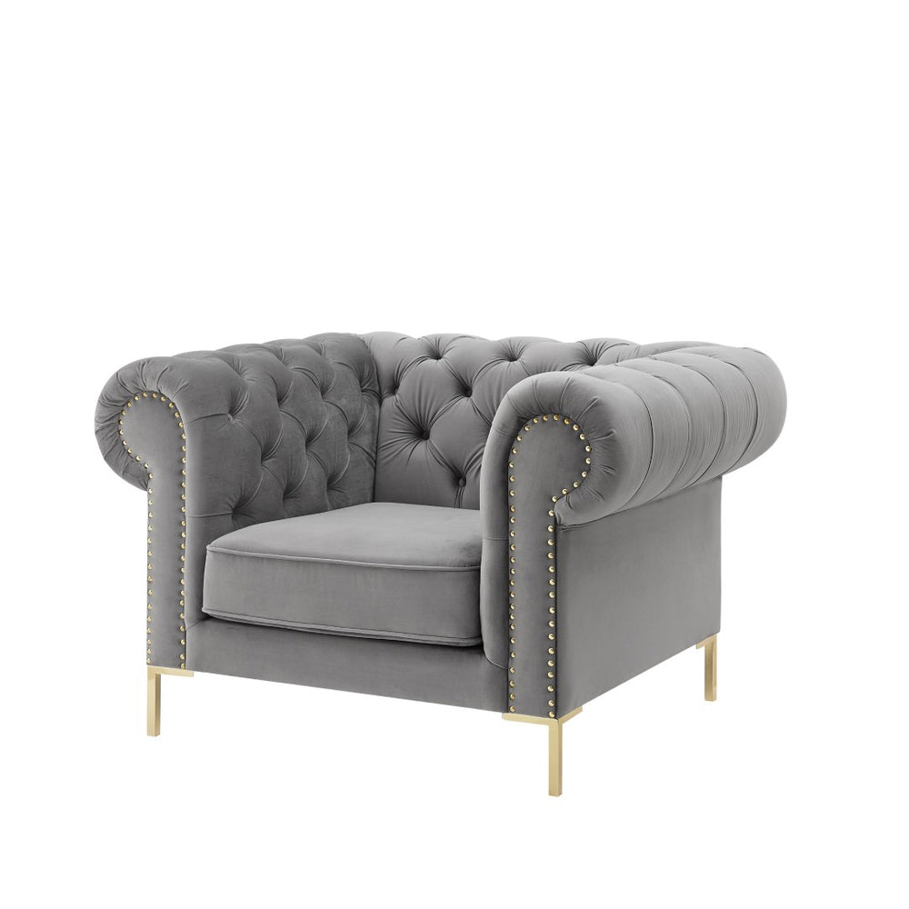 HomeRoots 39" Elegant Velvet Chesterfield Chair with Gold Nailhead Trim - Classic Comfort for Any Space Grey 533854