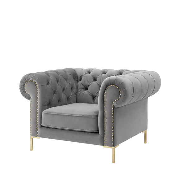 Homeroots 39" Gray And Gold Velvet Tufted Chesterfield Chair Grey  533854