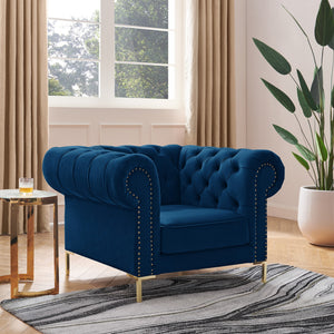 Homeroots 39" Navy Blue And Gold Velvet Tufted Chesterfield Chair Navy  533855