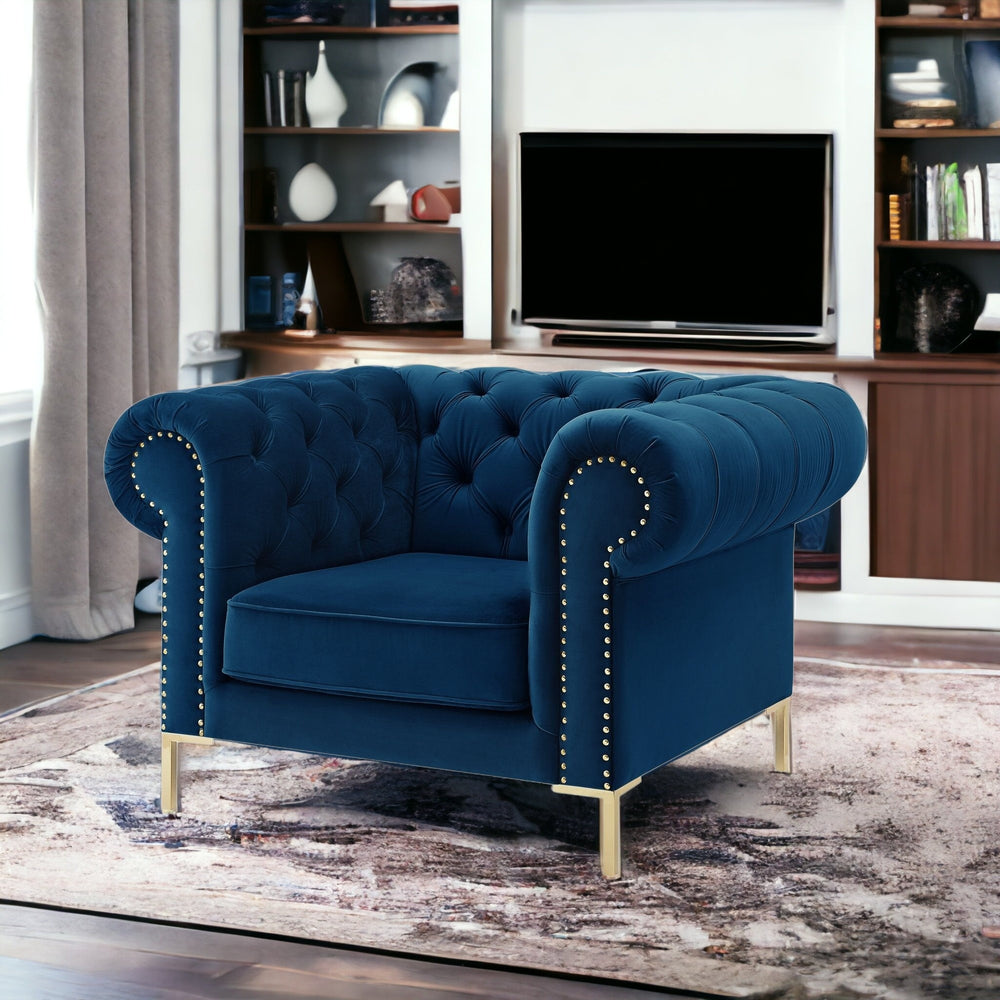Homeroots 39" Navy Blue And Gold Velvet Tufted Chesterfield Chair Navy  533855