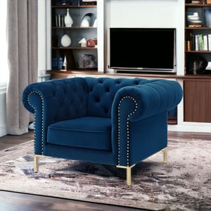Homeroots 39" Navy Blue And Gold Velvet Tufted Chesterfield Chair Navy  533855