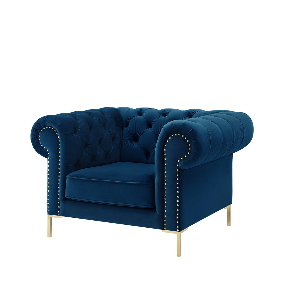 Homeroots 39" Navy Blue And Gold Velvet Tufted Chesterfield Chair Navy  533855