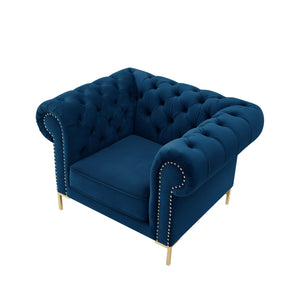 Homeroots 39" Navy Blue And Gold Velvet Tufted Chesterfield Chair Navy  533855