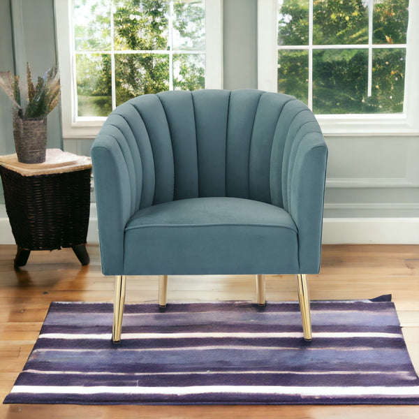 Homeroots 31" Teal Blue And Gold Velvet Tufted Barrel Chair Teal,Gold  533881