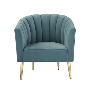 Homeroots 31" Teal Blue And Gold Velvet Tufted Barrel Chair Teal,Gold  533881