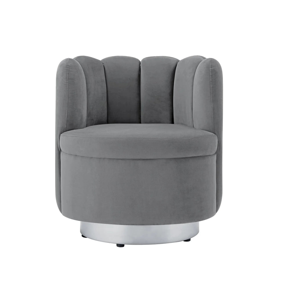 Homeroots 27" Light Gray And Silver Velvet Tufted Swivel Barrel Chair Light Grey,Chrome  533893