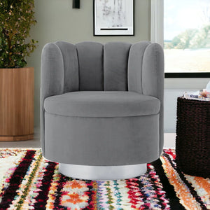 Homeroots 27" Light Gray And Silver Velvet Tufted Swivel Barrel Chair Light Grey,Chrome  533893