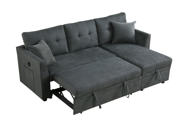 English Elm Sectional Sofa Bed - L-Shaped Velvet Couch With Usb Port, Reversible Sleeper & Storage Chaise, Gray B205S00012-GIGA
