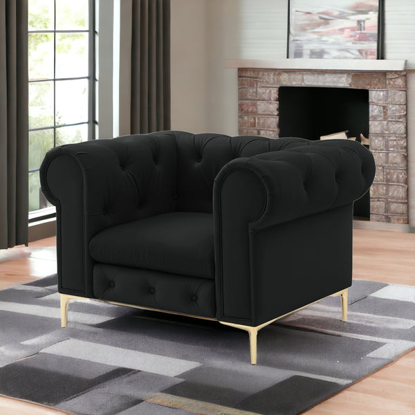 Homeroots 34" Black And Gold Faux Leather Tufted Chesterfield Chair Black  533906