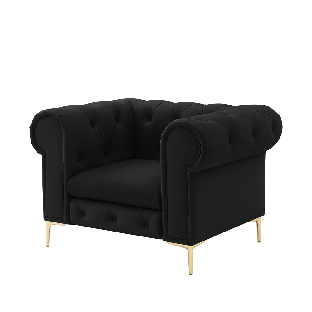 Homeroots 34" Black And Gold Faux Leather Tufted Chesterfield Chair Black  533906