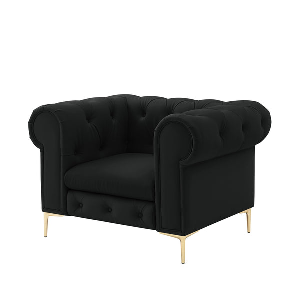 Homeroots 34" Black And Gold Faux Leather Tufted Chesterfield Chair Black  533906