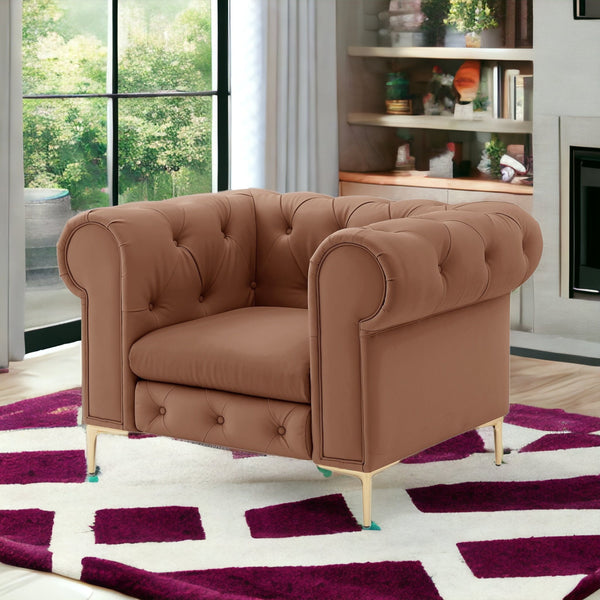 Homeroots 34" Camel And Gold Faux Leather Tufted Chesterfield Chair Camel  533908