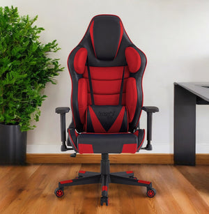 Homeroots Black Red And Black Adjustable Swivel Metal Rolling Gaming Chair Red Faux Leather 533920