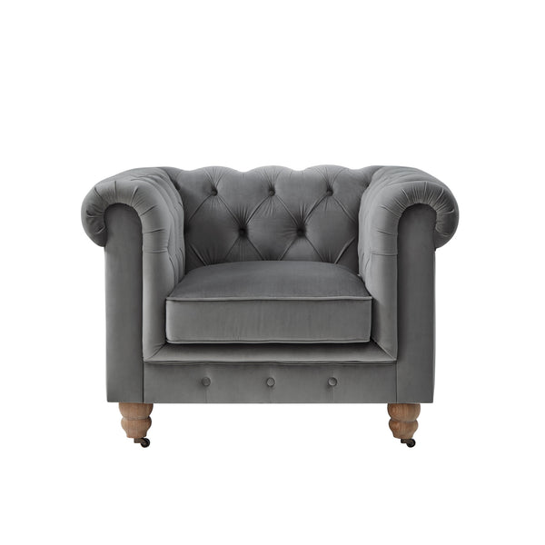 Homeroots 34" Dark Gray And Brown Velvet Tufted Chesterfield Chair Dark Grey  533982