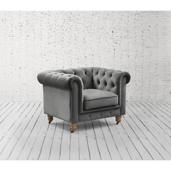 Homeroots 34" Dark Gray And Brown Velvet Tufted Chesterfield Chair Dark Grey  533982