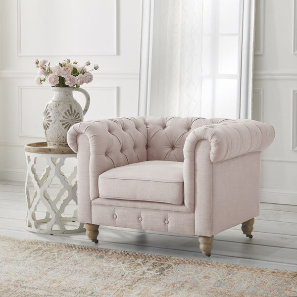 Homeroots 34" Pink And Brown Linen Tufted Chesterfield Chair Pink  533991