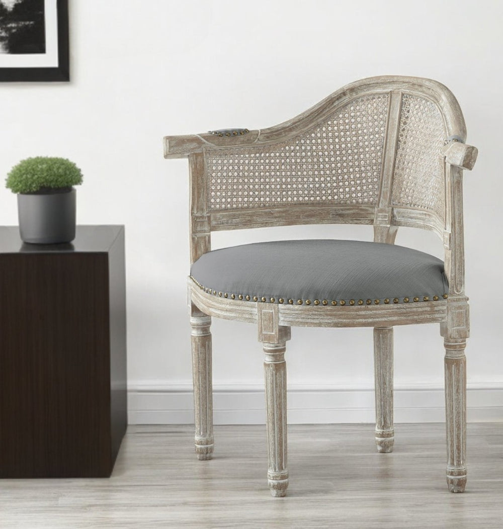HomeRoots 24" Elegant Linen Arm Chair - Vintage-Inspired Design with Rattan Back and Nailhead Trim for Comfort Grey 533999