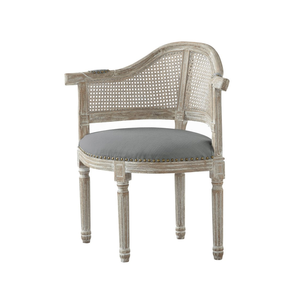 HomeRoots 24" Elegant Linen Arm Chair - Vintage-Inspired Design with Rattan Back and Nailhead Trim for Comfort Grey 533999