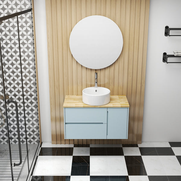 English Elm 36-Inch Modern Minimalist Wall-Mounted Bathroom Vanity With Blue Cabinet & Natural Wood Top Design W3151S00008