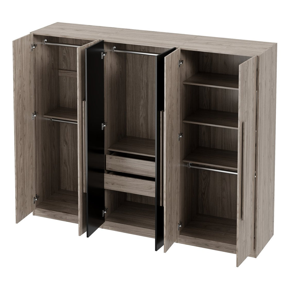English Elm 6-Doors Modern Wooden Wardrobe with 6 Doors, Dual Color Options, Multiple Rails & Drawers for Storage N820S00023D