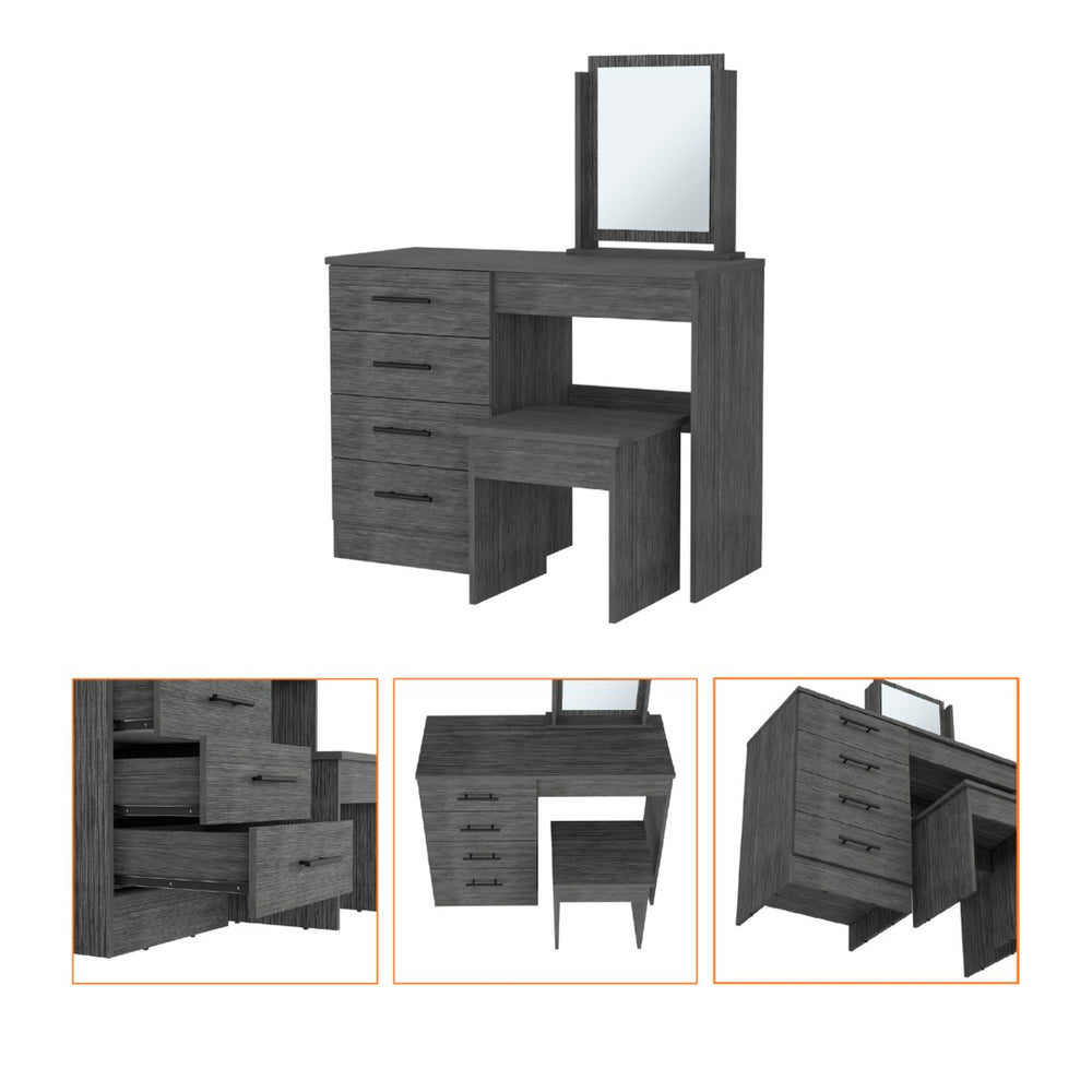 English Elm Merlot Vanity Table Set with Stool Integrated Mirror and Four Drawer Bedroom Storage B128S00215