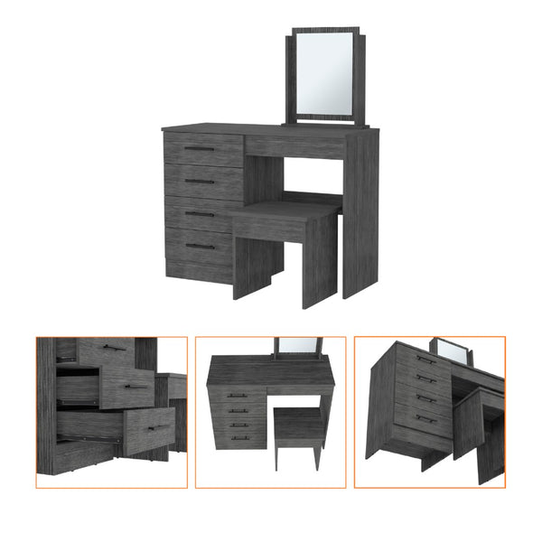 English Elm Merlot Vanity Table Set with Stool Integrated Mirror and Four Drawer Bedroom Storage B128S00215
