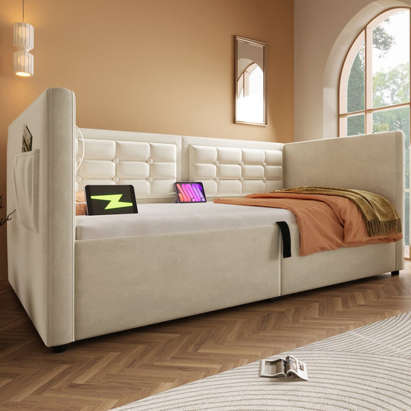 English Elm Upholstered Twin Daybed with Hydraulic Storage, Velvet Tufted Sofa Back, USB & Type-C Charging Port Beige N736P303402B