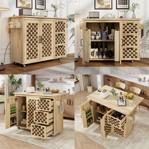 English Elm K&K Vintage Woven Checkerboard Kitchen Island 53.2" with Drop Leaf, Power Outlet, 5 Wheels, Storage N707P215328Y