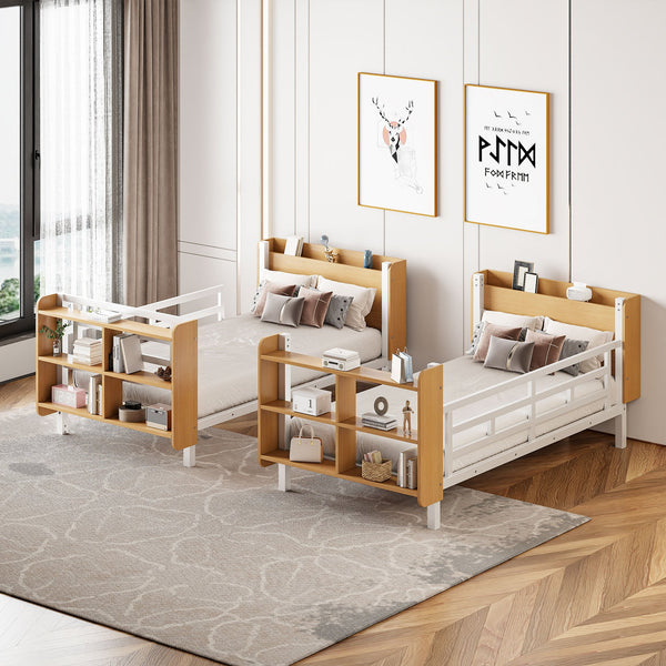 English Elm Twin Metal Bunk Bed with Built-In Headboard Storage and Footboard Shelves, Sturdy Space-Saving Design White SF000176AAK