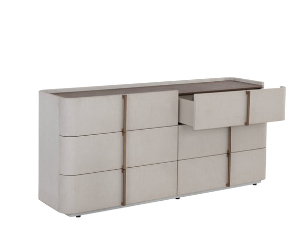 Sunpan Jamille Dresser - Elegant Cream Faux Leather with Brown Oak Top, 6 Soft-Close Drawers & Brass Base